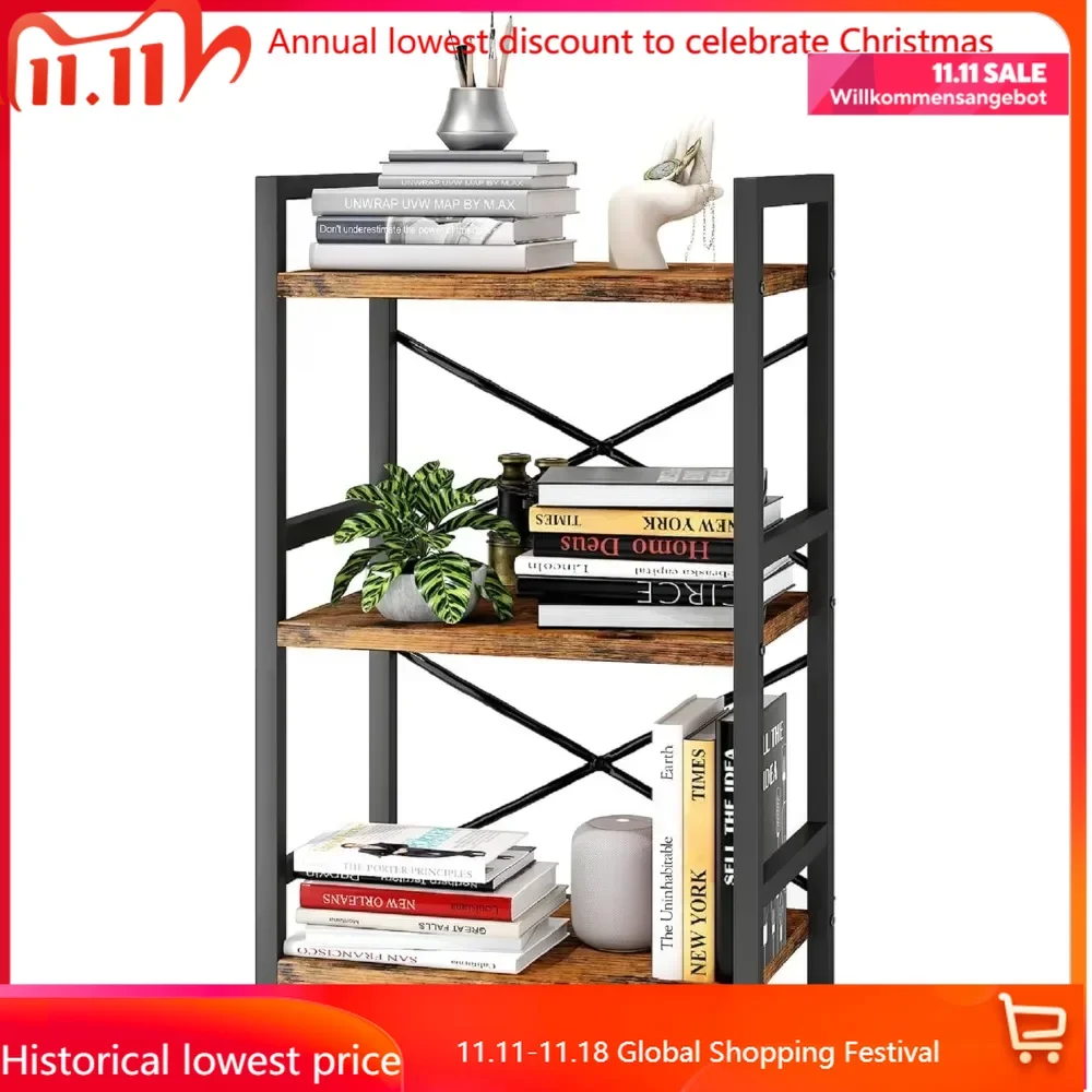 

Bookshelf, 3 Tier Industrial Bookcase, Metal Small Bookcase, Rustic Etagere Book Shelf Storage Organizer for Living Room, Bedroo