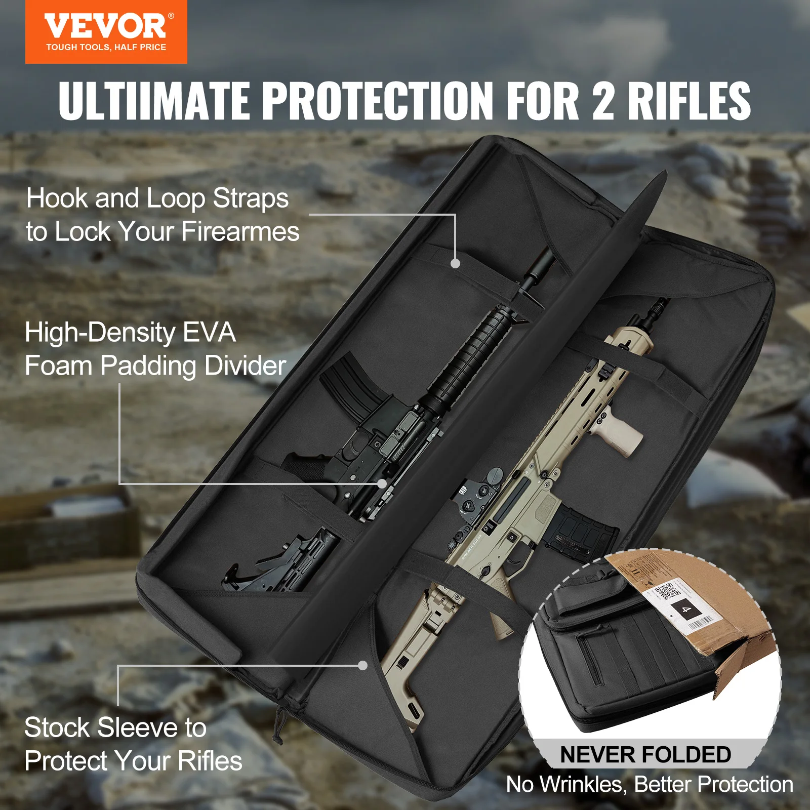 VEVOR Rifle Bag 42 inch Tactical Double Long Gun Bag Soft Rifle Case with Lockable Zipper Portable Handle & Shoulder Strap Black