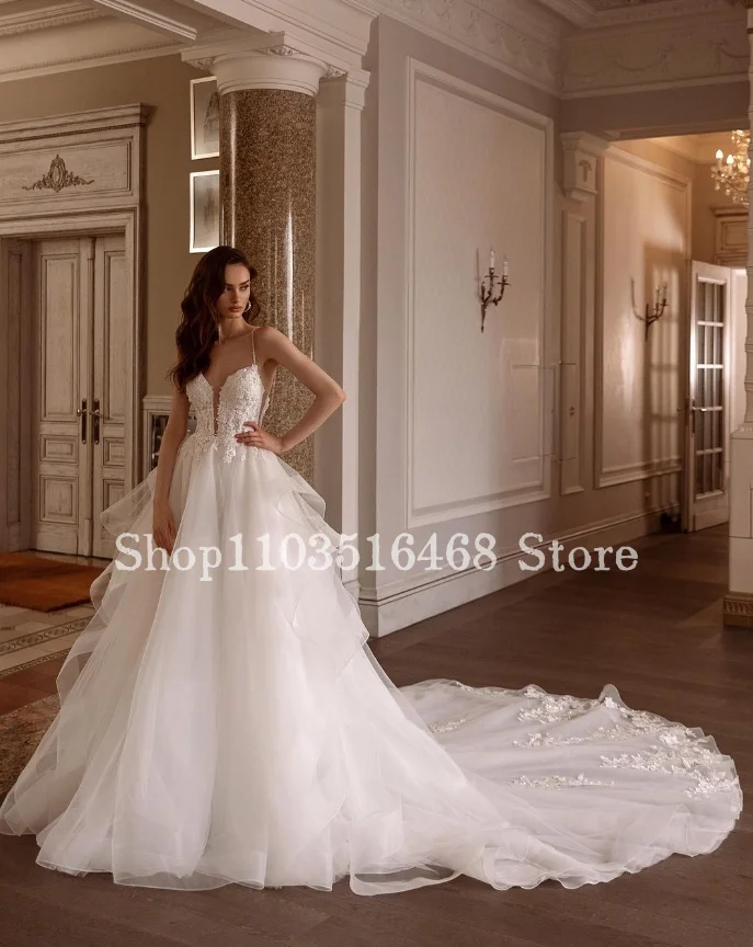 Vestido de novia largo de lujo con tirantes finos, traje Sexy de hilo bordado con volantes de encaje personalizados, color blanco, 2024