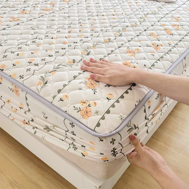 Floral Fitted Sheet Queen Size Bed Cover Thicken Bedsheet Quilted Mattress Protector tampa de colchão (Pillowcase Need Order)