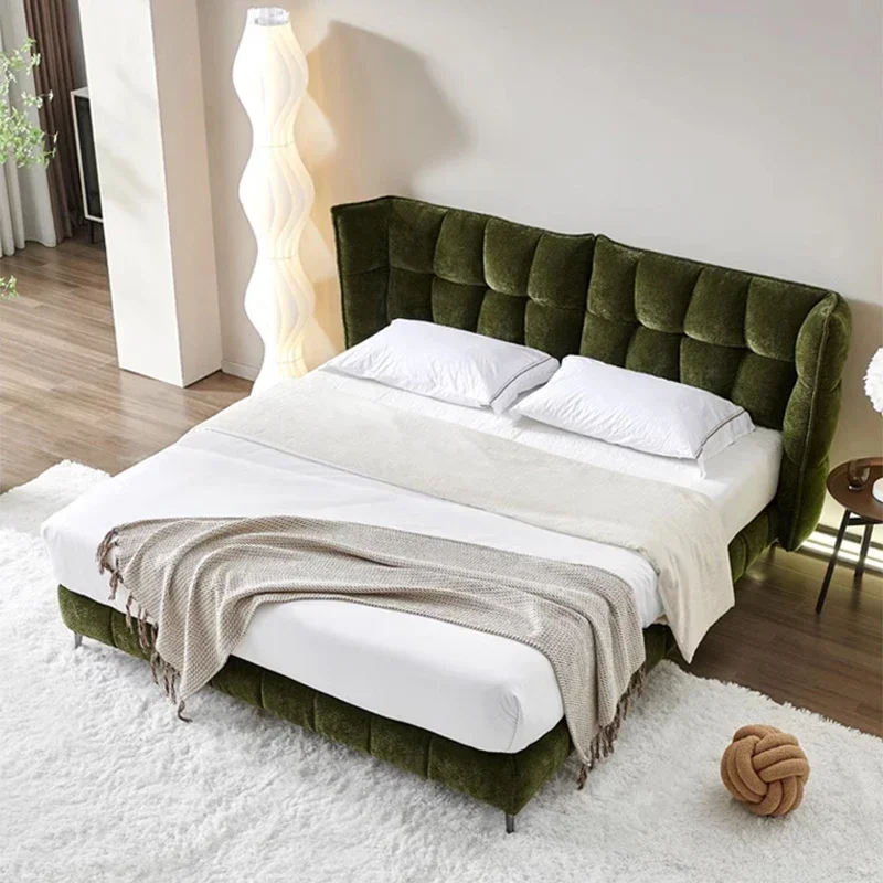 Minimalista moderno tecido minimalista quarto principal cama dupla de madeira maciça