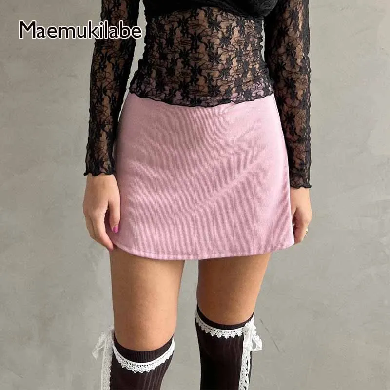 

Maemukilabe 2000s Retro Mini A-line Skirts Summer Elastic Waist Side Slit Short Pencil Skirts Y2K Aesthetic Kawaii Streetwear