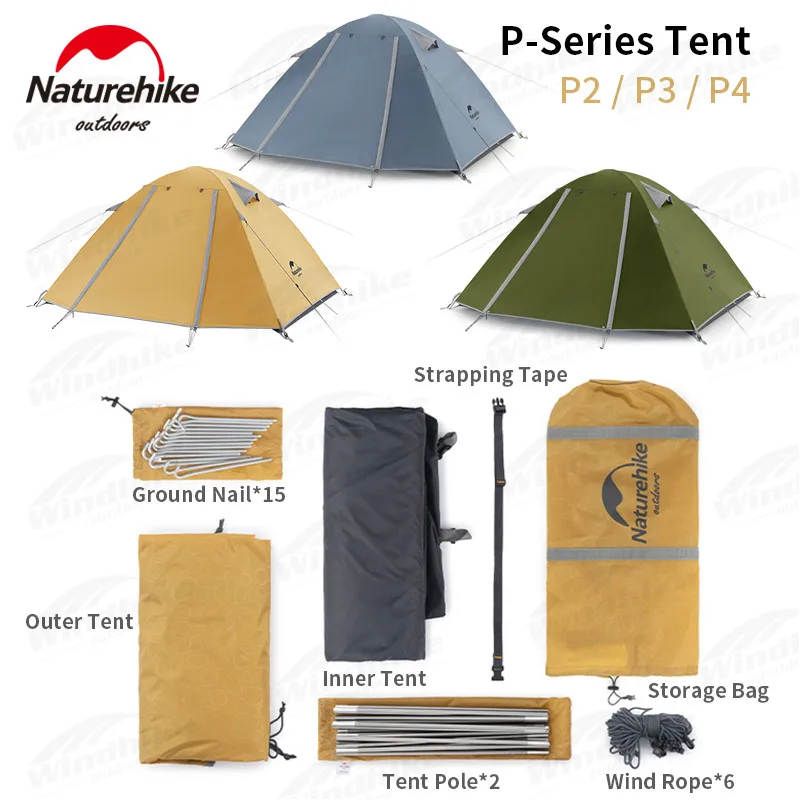 Naturehike Tent P Series Classic Camping Tent 2 3 4 Persons Aluminum Pole Polyester Fabric Tourist Tent Famliy Tent NH15Z003-P