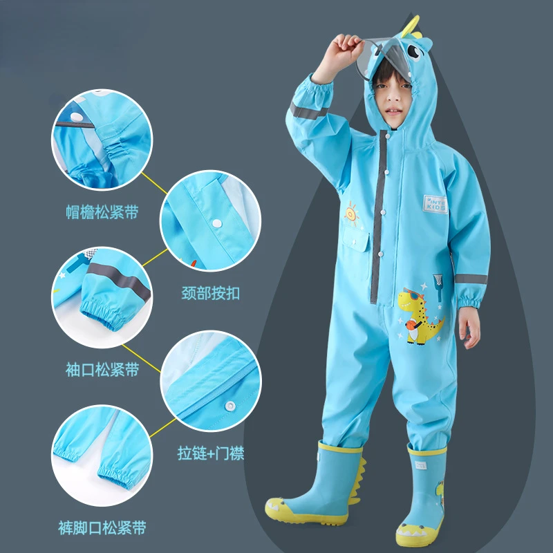 1-10 Years Old Children Raincoat Kids Boys Girls Waterproof Jumpsuit Hooded One-Piece Cartoon Dinosaur Baby Rainwear and Pants