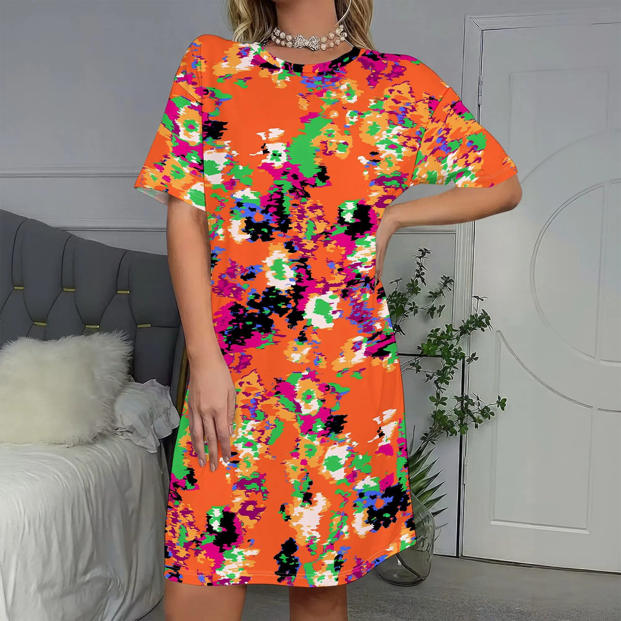 

Vibrant Graffiti Print, Short Sleeve Dress, Abstract Art Style, Casual Summer Wear, Trendy Women's Fashion, S-2XL