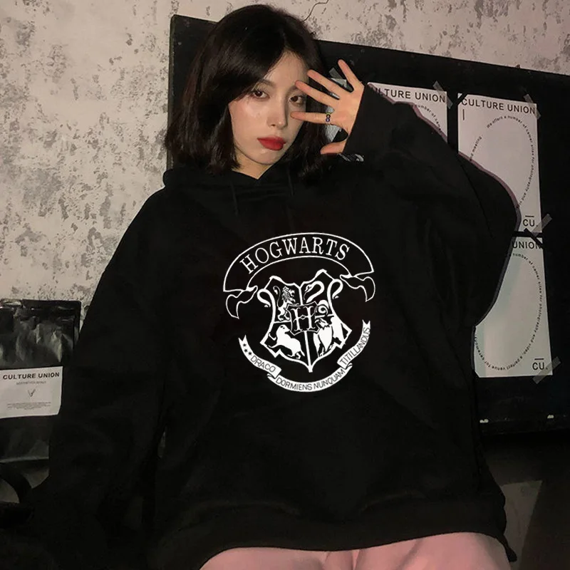 Fashion y2k Hogwarts Printed Hoodies Women Sweatshirt Autumn Winter Long Sleeves Plus Velvet Casual Loose Fleece Tops Oversized