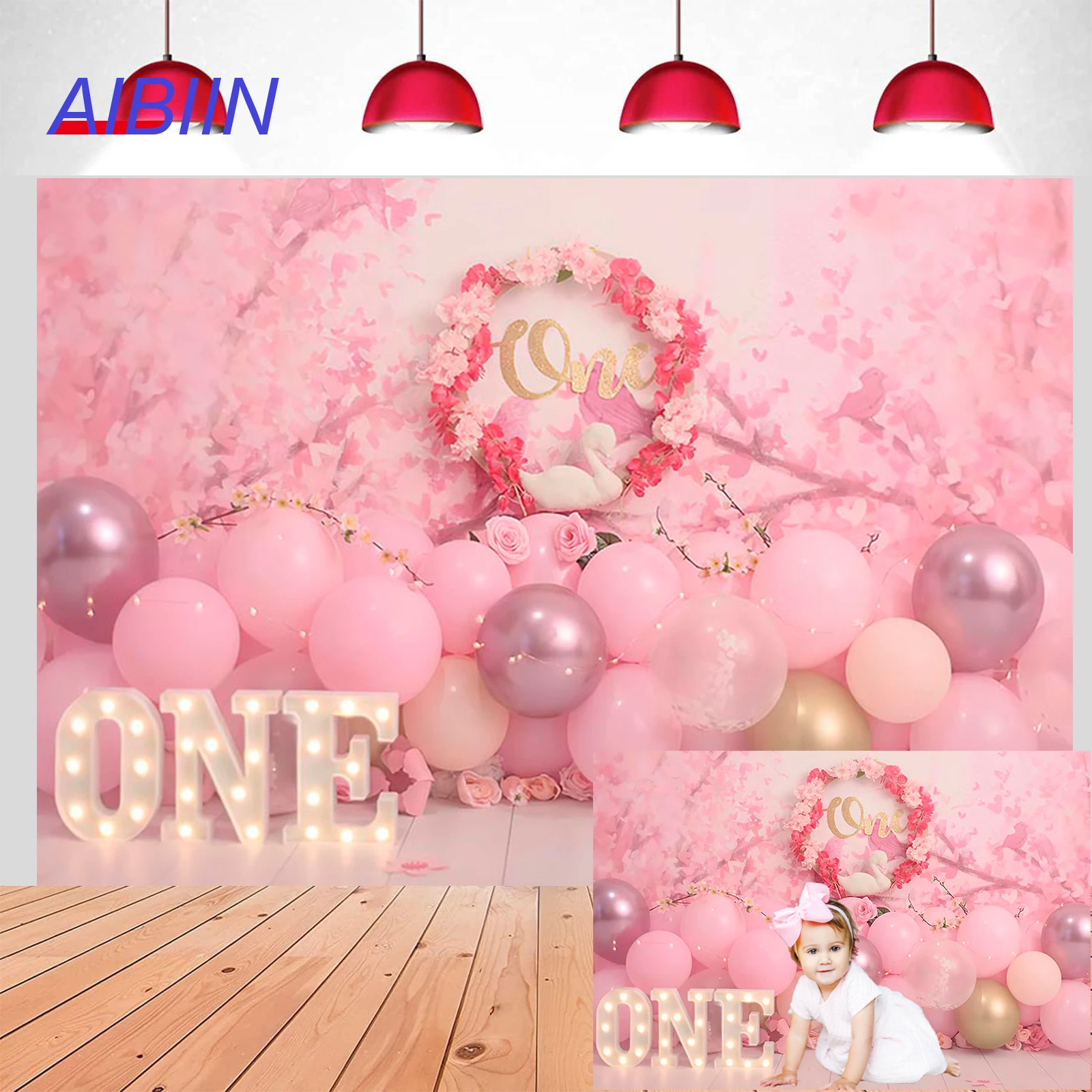 1 Year Girl Birthday Photography Background Pink Wreath Balloon Backdrop Party Decoration Supplies Kids Photoshoot Poster Prop