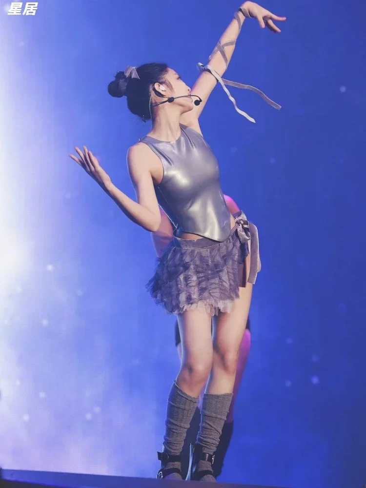 Kpop Jennie Singer Jazzdans Mouwloos Vest Crop Tops Concertoutfits Vrouwen Sexy Veterrok Toneelkostuum Festivalkleding