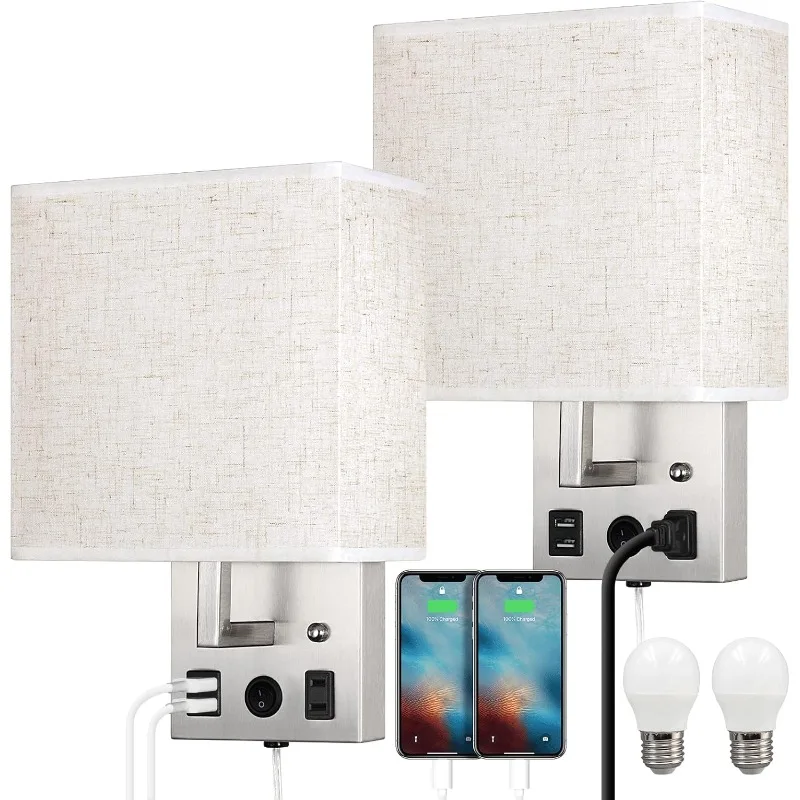 Bedside Wall Lamp Set of 2, Plug in Wall Light with USB Charging Ports and AC Outlet Socket, Brushed Nickel Modern Wall