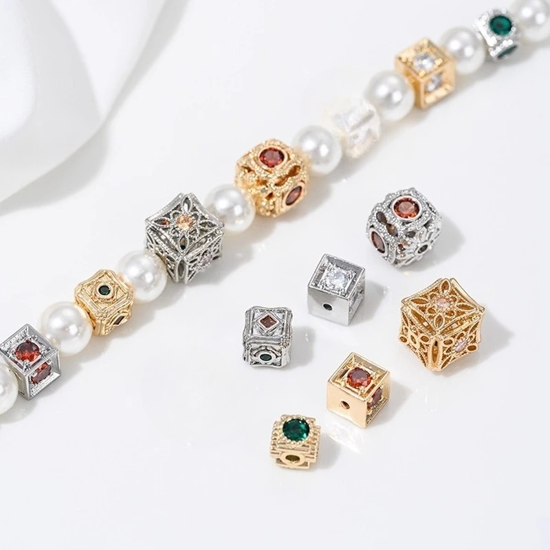14K Gold Inlaid Zircon Square Bead Spacer Color Zirconium Square Bead Passepartout DIY Bracelet Jewelry Accessories