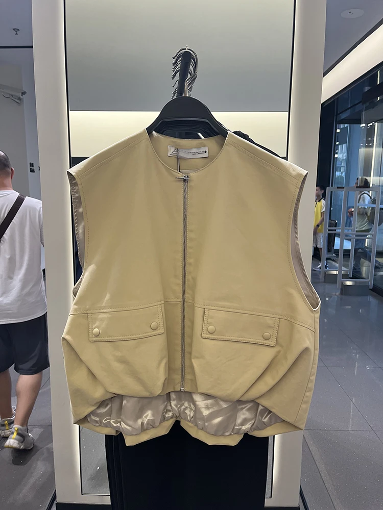 

New Women's Loose Fit Cotton Tank Top round Ne Svel Vest Pleated Hem Commute Sle ort Length Zipper Closure