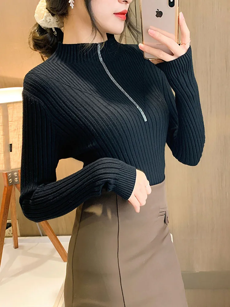 Zoki Casual Striped Knitted Sweater Women Korean Long Sleeve Slim O Neck Pullovers Fall Fashion Female Simple White Jumpers New