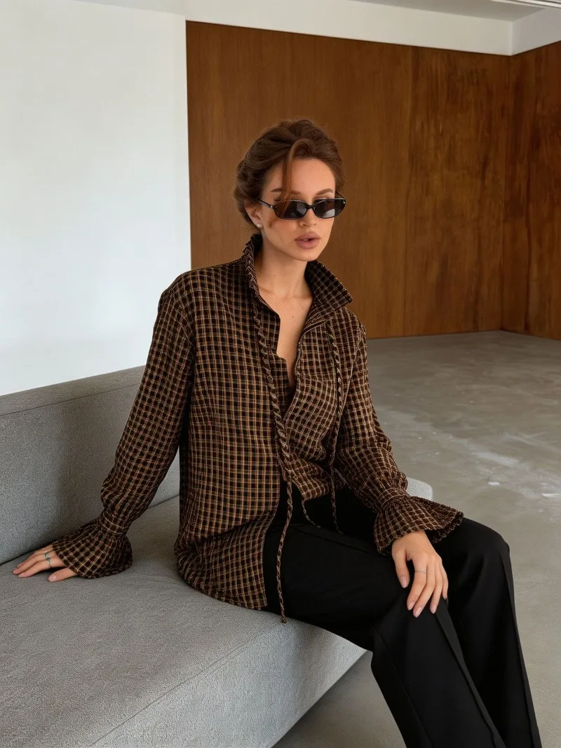 FRAYA LAB Women Brown Plaid Lapel Collar Drawstring Long Sleeve Shirt Vintage Loose Fit Fall Winter 2026 New Casual Chic Top Fun