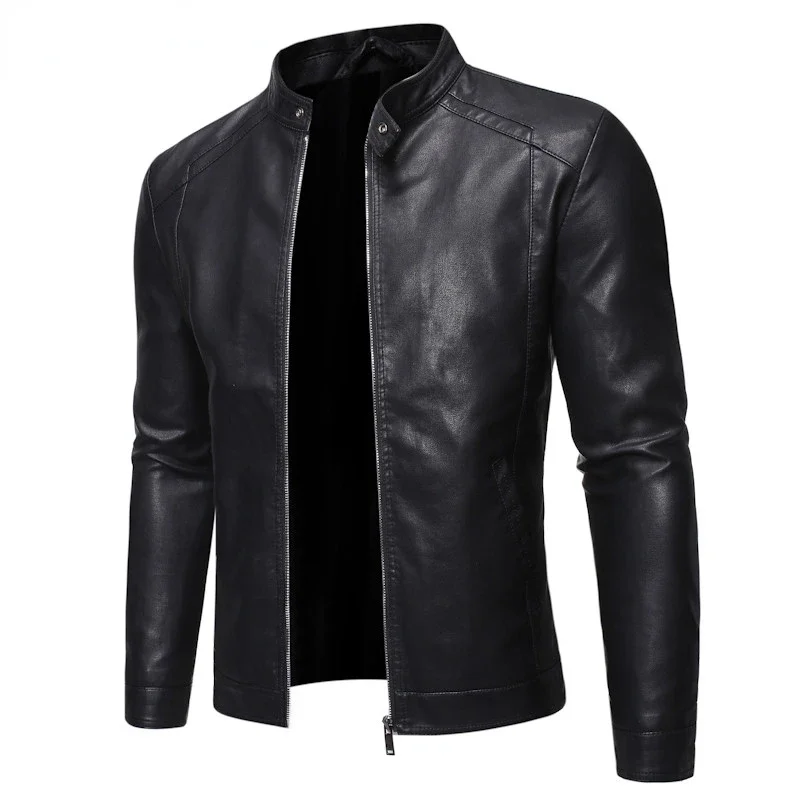 

Men's Zippered Motorcycle Jacket, Informal Synthetic Leather Jacket Park High Neck Clothing Backless Men's Pu Leather Jacket