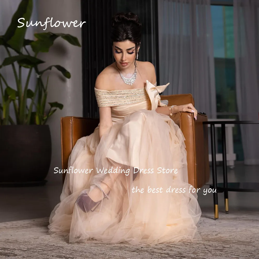 Sunflower Simple Beading Bow Off The Shoulder Tulle Mermaid 2024 Slim Backless Ocassion Gown Floor-Length Formal Evening Dress