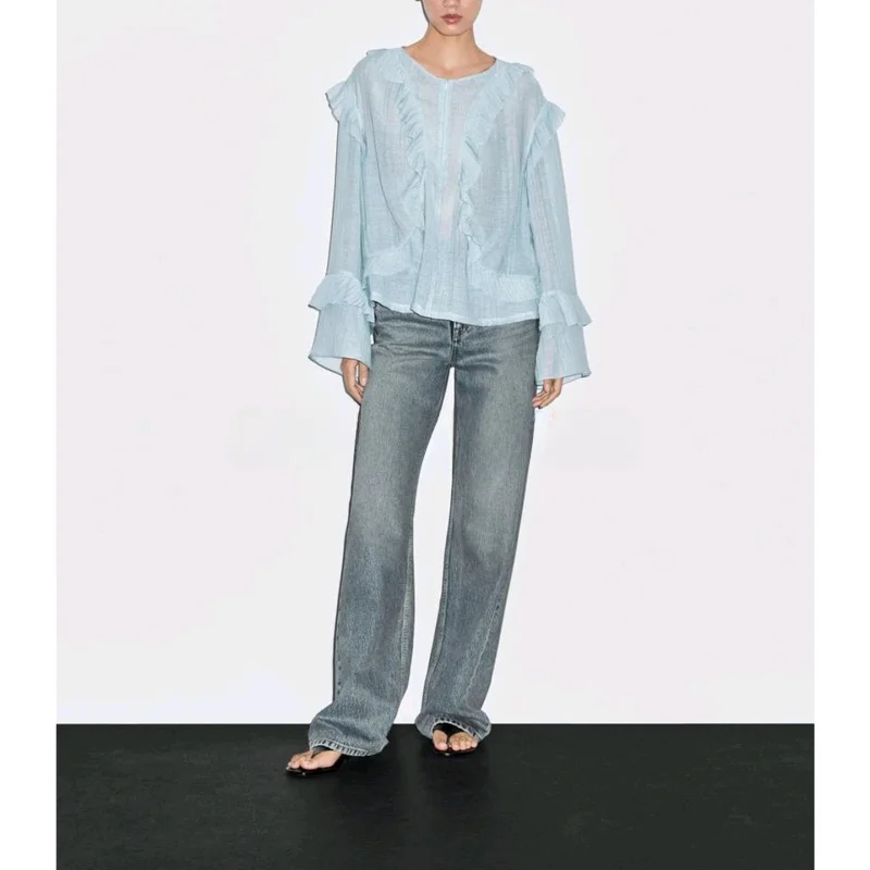 Design romantique Long Sve irt femmes haut Earlet dentelle garniture décontracté coupe ample Polyester respirant automne nouveau Sle 58400