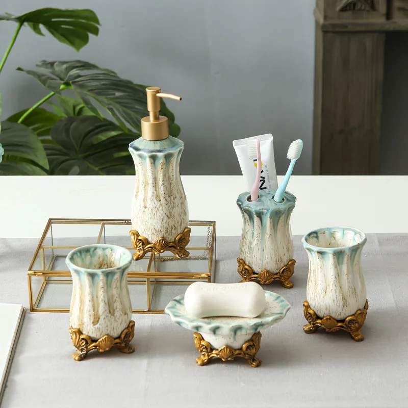 European Ceramics Five Piece Set Washing Tools Home Soap Dispenser Toothbrush Holder Tooth Mug Dish Bathroom Toiletry