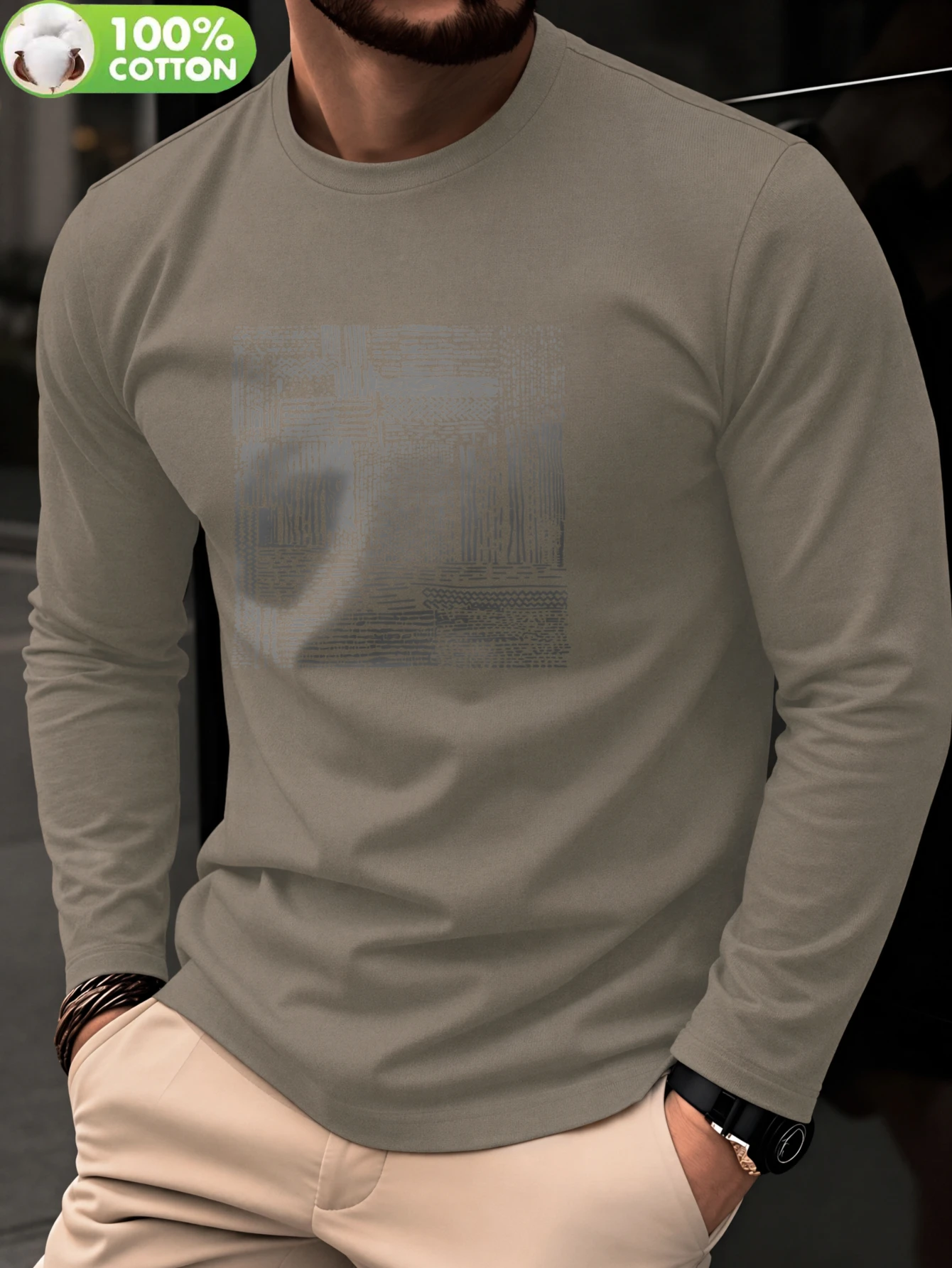 Men 100% Cotton Long Sleeve T Shirt Comfortable Printed Crew Neck Tee Casual Trendy Spring Autumn Basic Tops Commute Daily Wear