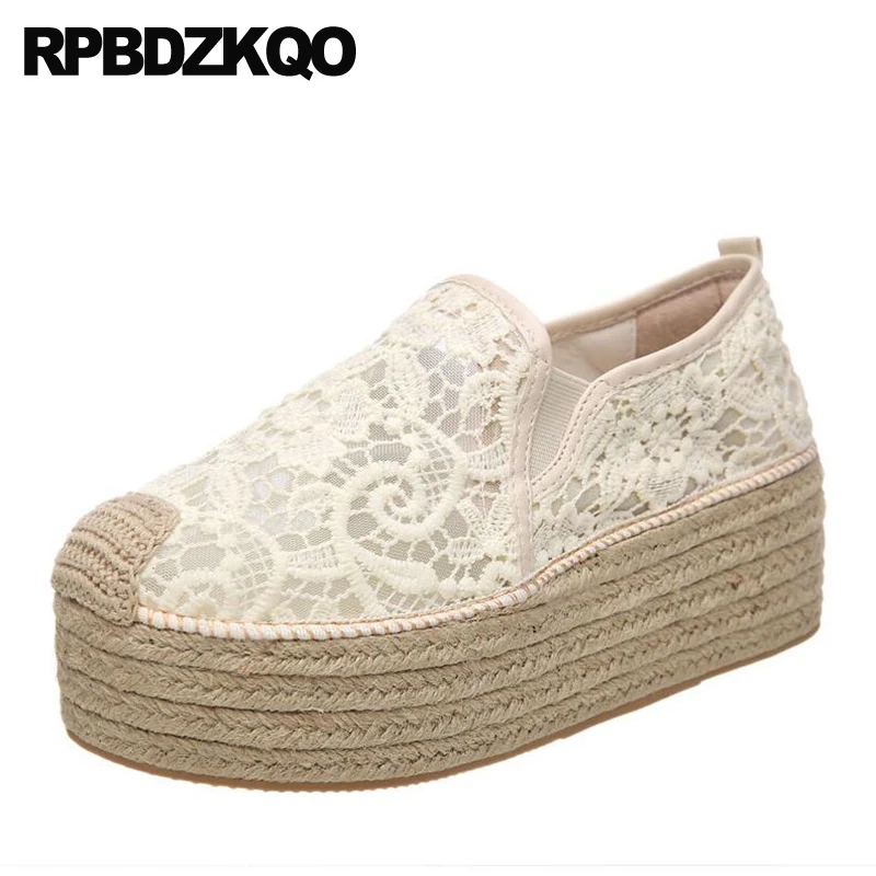 

Large Size Creepers Platform Shoes Rope Mesh Women Casual White Lace Elevator Navy Blue Espadrilles Muffin Flats Thick Sole Hemp