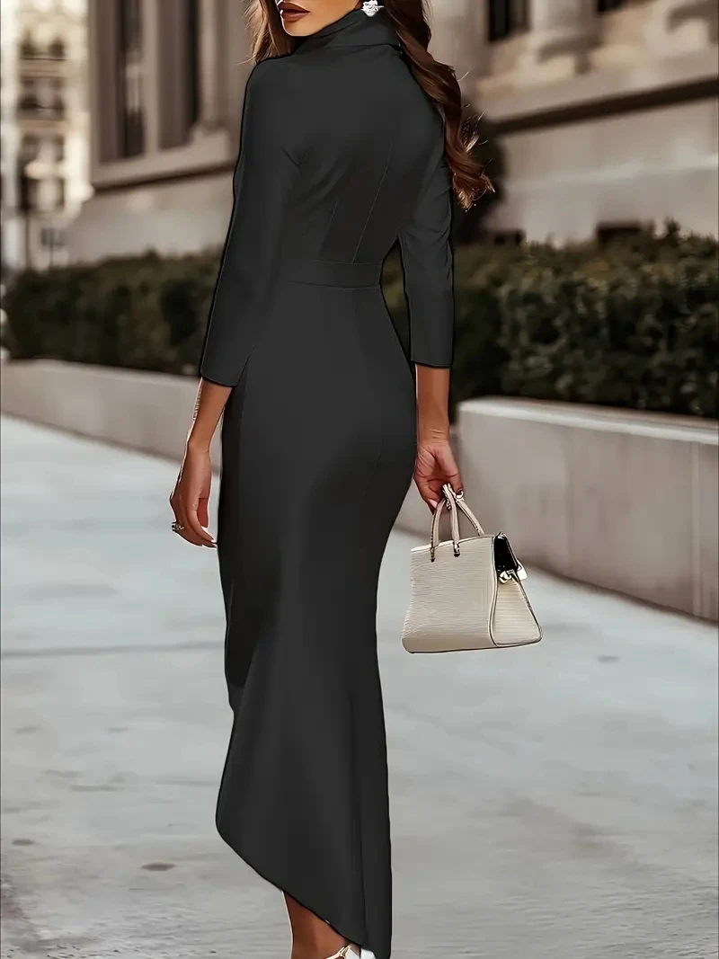 Damen Satin-Wickelkleid mit Wasserfallausschnitt, Langen Ärmeln und Asymmetrischem Saum – Detail 4