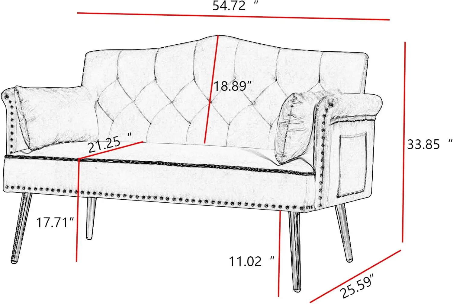 Sofá Loveseat de veludo com pernas e bolsos laterais de metal dourado, encosto capitoné, perfeito para sala de estar, quarto ou escritório (preto)