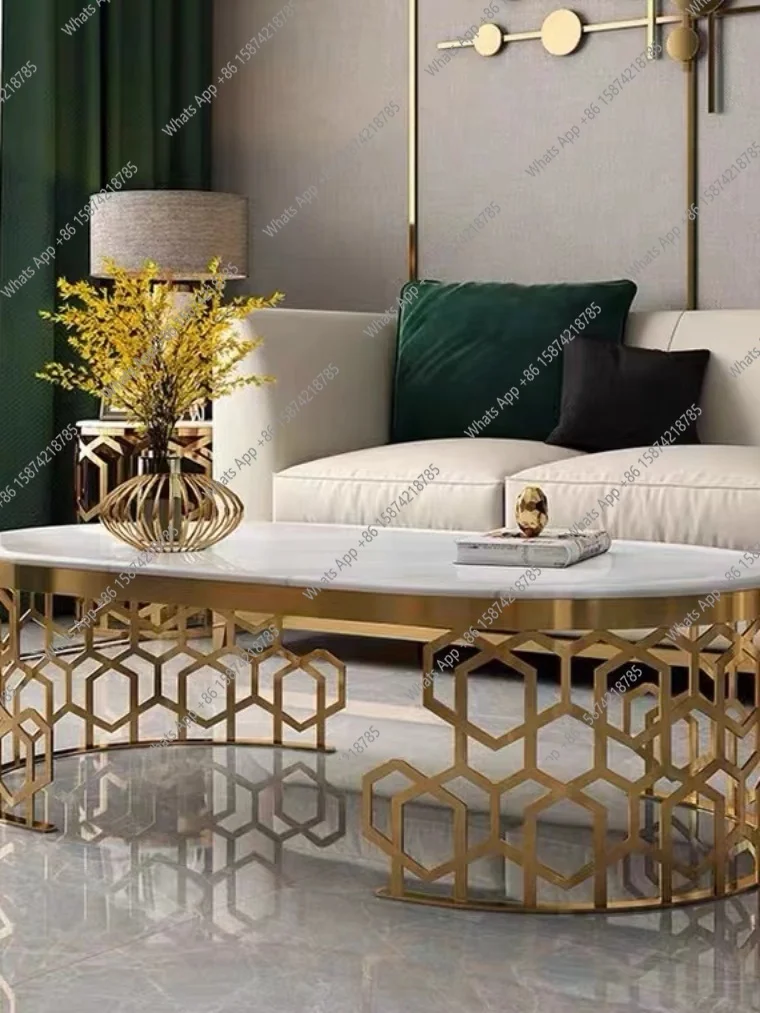 

Light luxury simple hollow stainless steel coffee table Post-modern creative oval living room hotel marble tea table