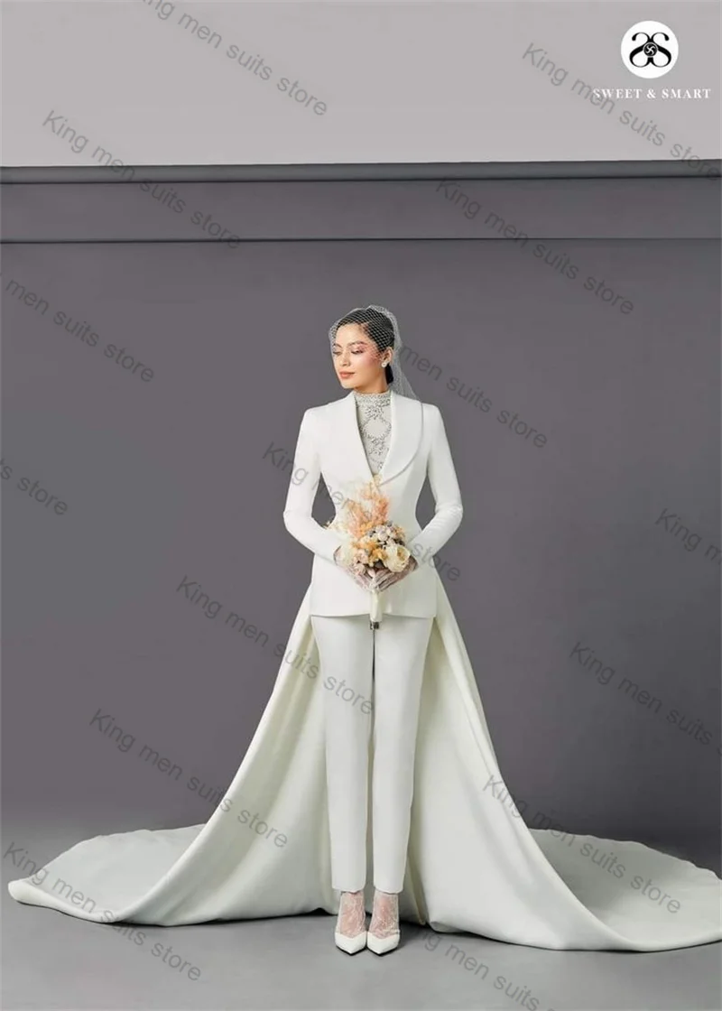 

White Wedding Women Suit Pants Set 2 Piece Blazer With Long Train+Trousers Customized Formal Office Lady Jacket Prom Coat