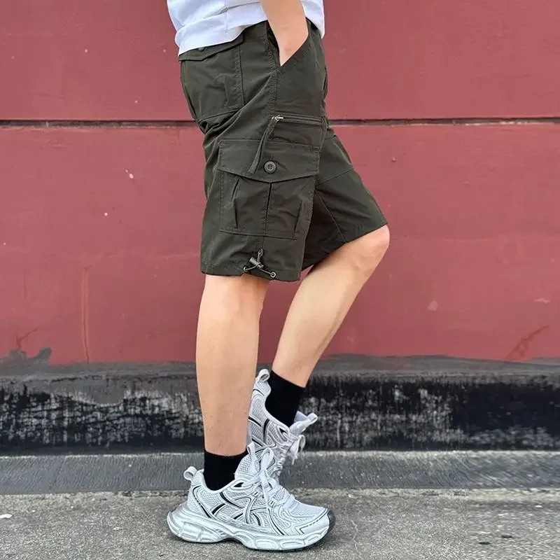 Mens Cargo Shorts Loose Solid Long Wide Half Short Pants for Men Baggy Bermuda Multi Pocket Harajuku Japanese Street Style Y2k view 3