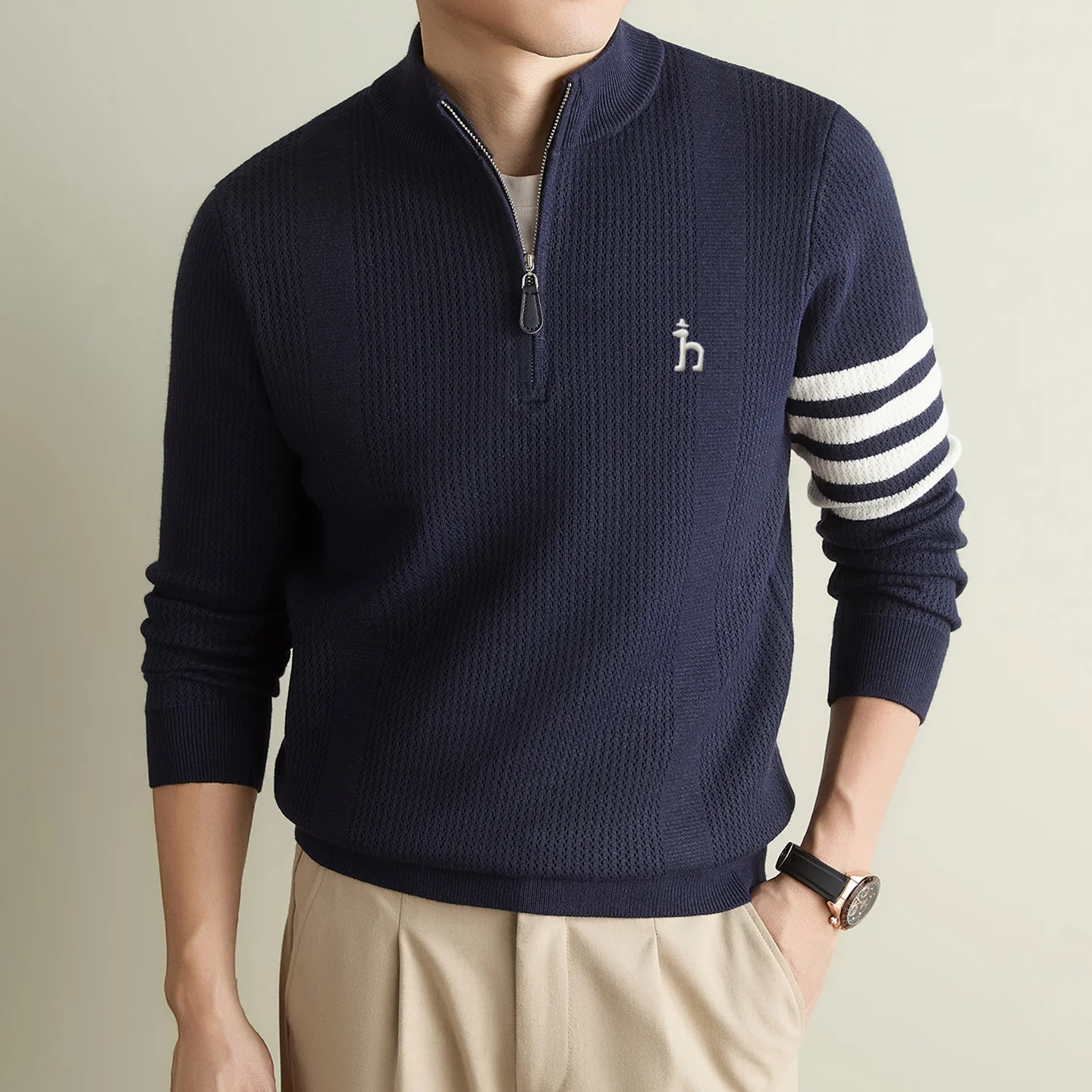 High end half zipper collar sweater men's fashion jacquard luxury brand dog embroidery casual winter thick warm knitted pullover
