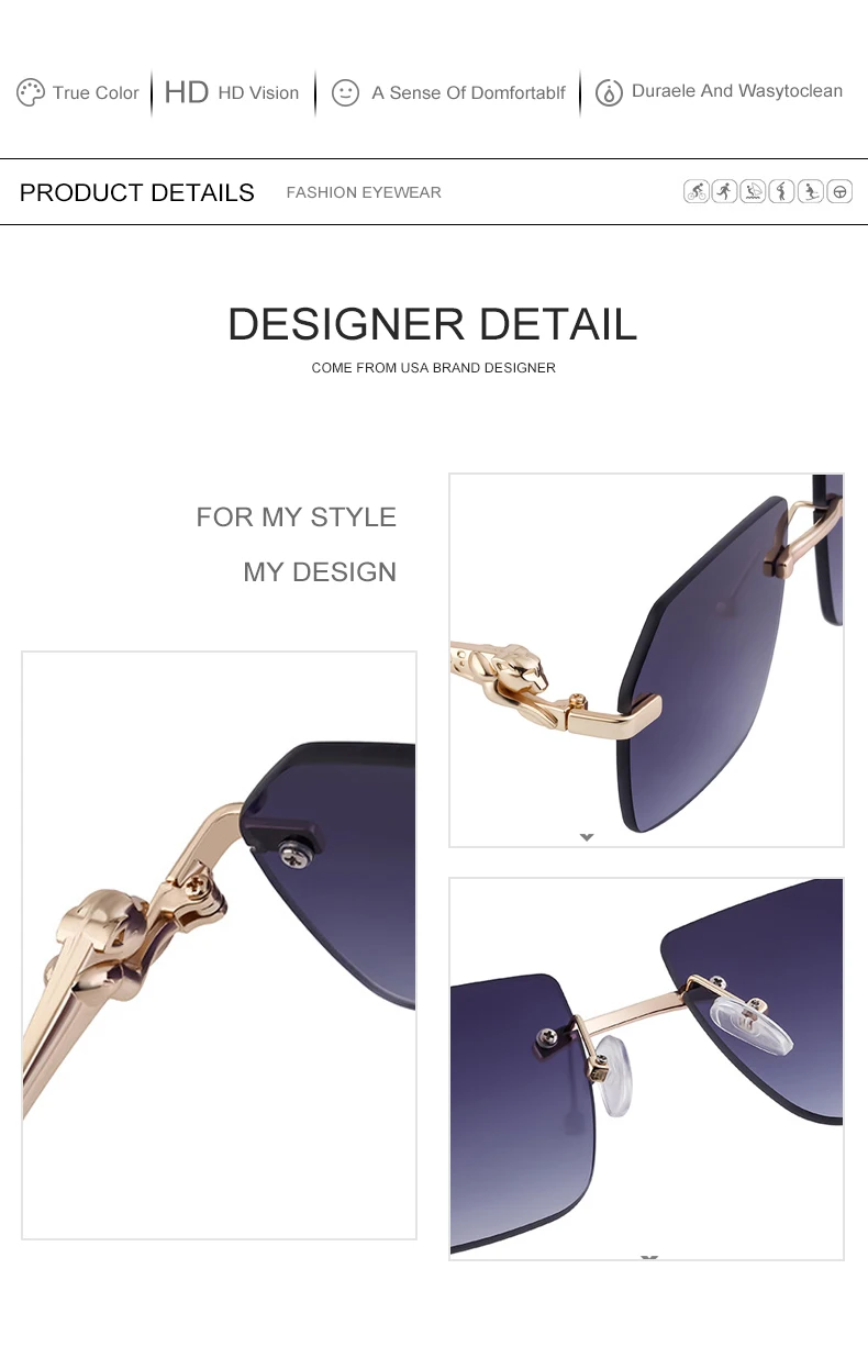 Hbk steampunk randlose Sonnenbrille Männer neue Vintage Geparden kopf legierung rahmen los für Mann Frauen Luxus fahren Sonnenbrille – Detail 17