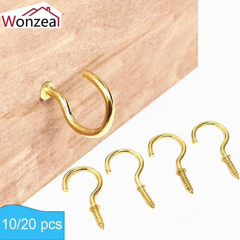 10/20pcs Screw Hook Shouldered Self-Tapping 37*20mm Heavy Duty Wall Brass Plated Cup Hooks Home  Hanging Hat Furniture Hardware