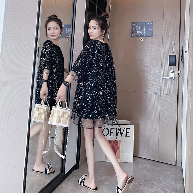 เย็บตาข่ายยาว 2025 เสื้อยืดแขนสั้นสองชิ้นปลอมฤดูร้อนกระโปรงลําลองเกาหลี