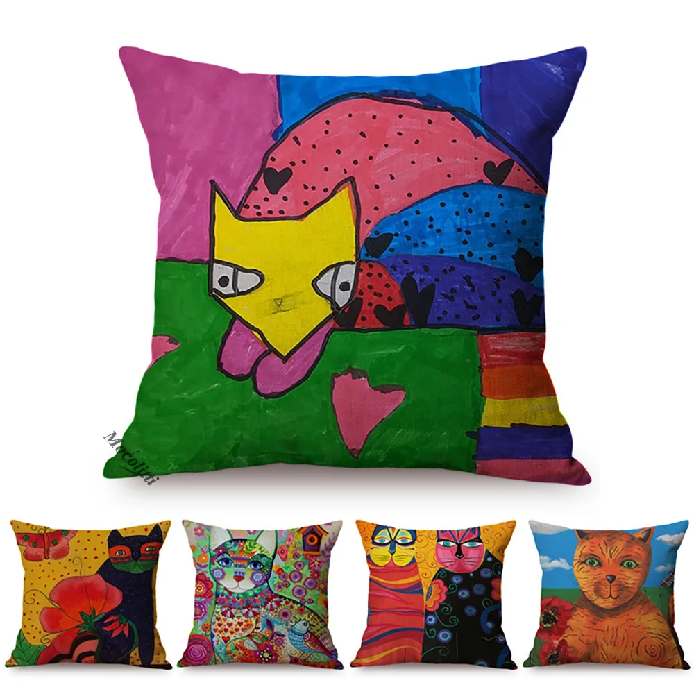 Nordic Hand-Painted Cartoon Cat Cute Kid's Room Chair Decorative Cushion Cover Kitten Oil Painting Art Sofa Pillow Case Cojines