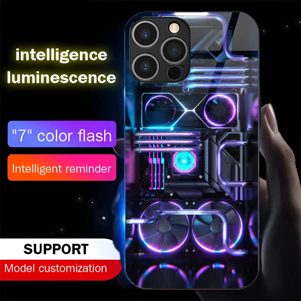 

Luxury CPU Fan Design LED Light Glow Luminous Tempered Glass Phone Case For Samsung S25 S24 S23 S22 S21 S20 FE Note20 Plus Ultra