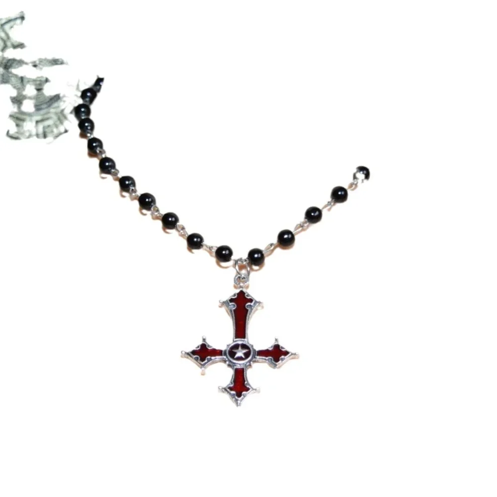 Charm Gothic Red Drip Glaze Inverted Cross Five-pointed Star Pendant Black Bead Chain Necklace for Women Halloween Party Jewelry