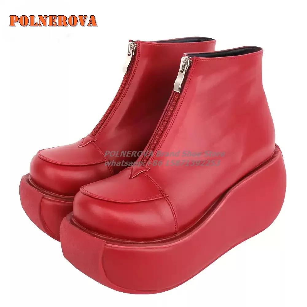 Red Platform Zipper Closure Ankle Boots Round Toe Thick Sole Height Increasing Solid Cosplay Modern Boot Punk Big Size Casual