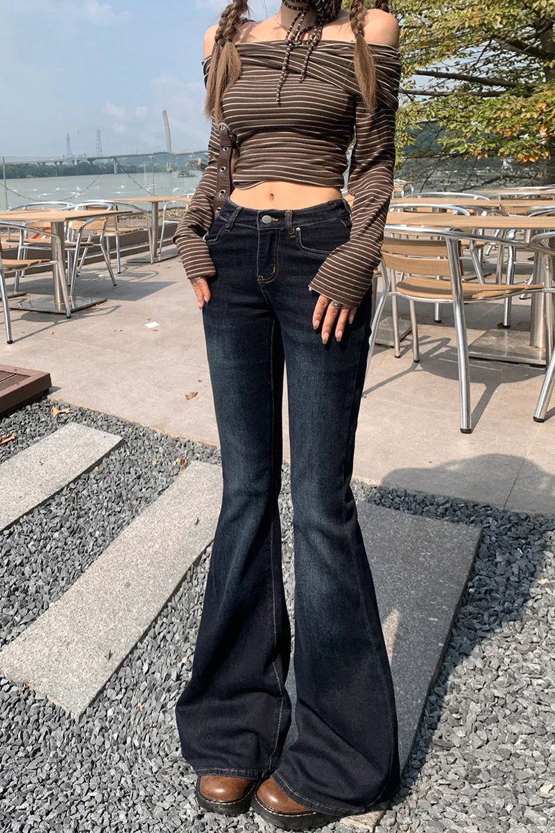 Women's Retro Style Low Waisted Stretch Slightly Flared Jeans New Fashion Trousers Slim Fit All-match Female Micro Flared Pants