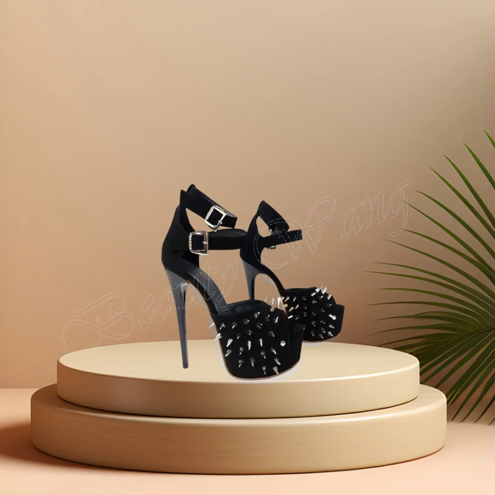 

Black Rivet Decor Platform Sandals Solid Flock Sexy Round Toe Spike High Heel Shoes for Women High Heel 2024 Zapatillas Mujer