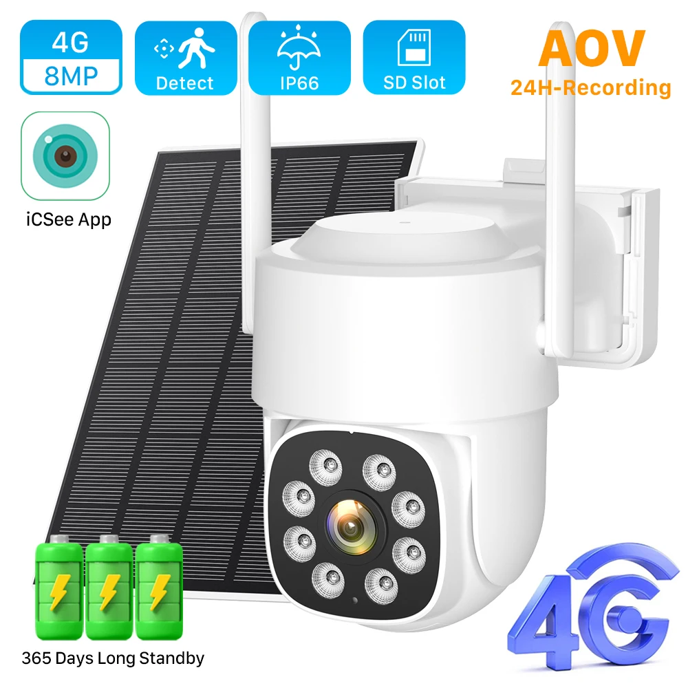 4G Solar Camera AOV 24/7 Recording Built-in Battery Audio Outdoor Wireless Camera 8MP Auto Track Security Surveillance iCSee App