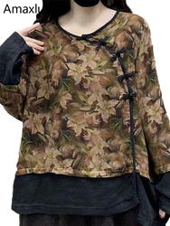 Amax luluE Fall Fashion Chinese Printed Patchwork Tee Shirts Womens Vintage Leisure Oversized Tops Classic Luxury O Neck Clothes