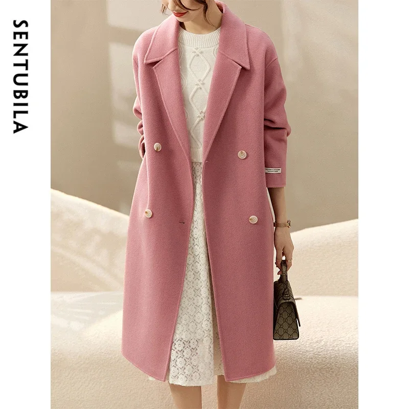 SENTUBILA  Coat Woman 100% Woolen 2026 Winter Korean Style Straight Double Sided Thick Warm Mid-Length Overcoat W44O56769X
