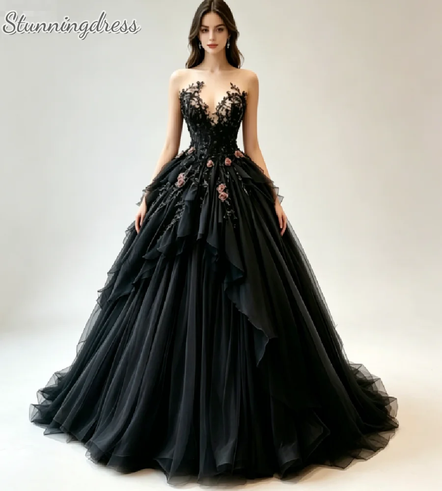 Cool Ice Blue Beach Wedding Dresses 3D Rose Florals Victorian Alternative Gothic Bridal Gowns Tiered Ruffles Fantasy Whimsigoth