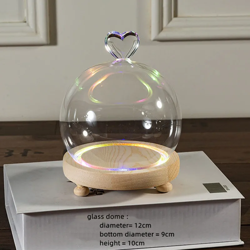 2sets/pack Diameter=12cm Heart Top Round Glass Dome Vase Home Decoration Different Luminous Log Base Cover DIY Gift Wedding Prop