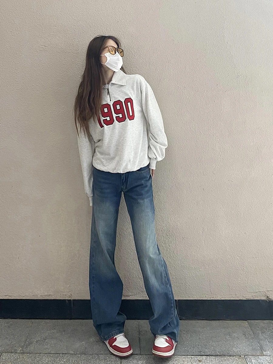 

Retro Colored Straight Leg Jeans Women's Versatile Long Pants Korean Sle Slimming Effect Casual Low Waist Zipper Fly