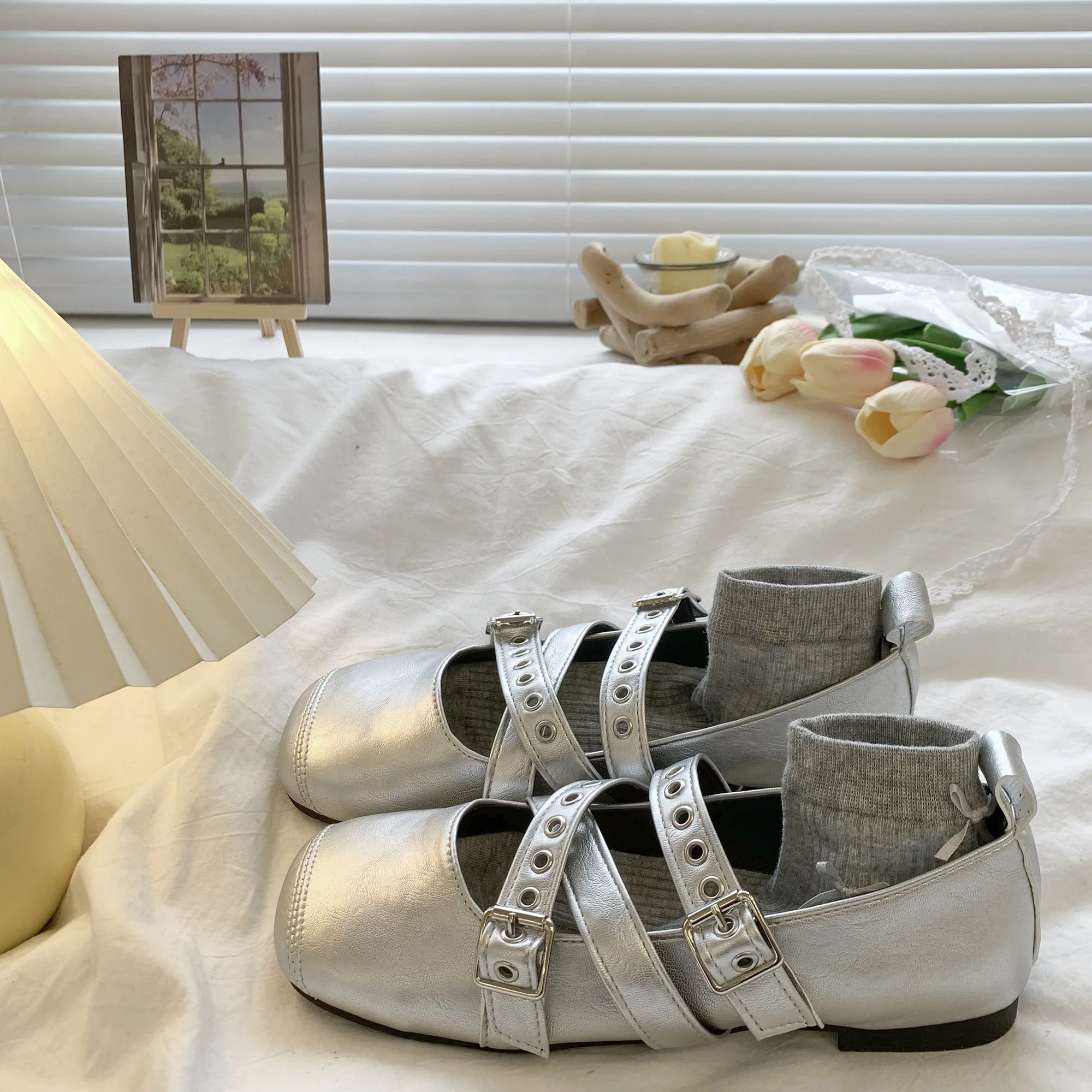 シルバーバレエフラットシューズ-レディース-フラットヘッド-メリージェーン-シングルシューズ-春夏新作-レトロフラット-カジュアル-滑り止めラバーソール