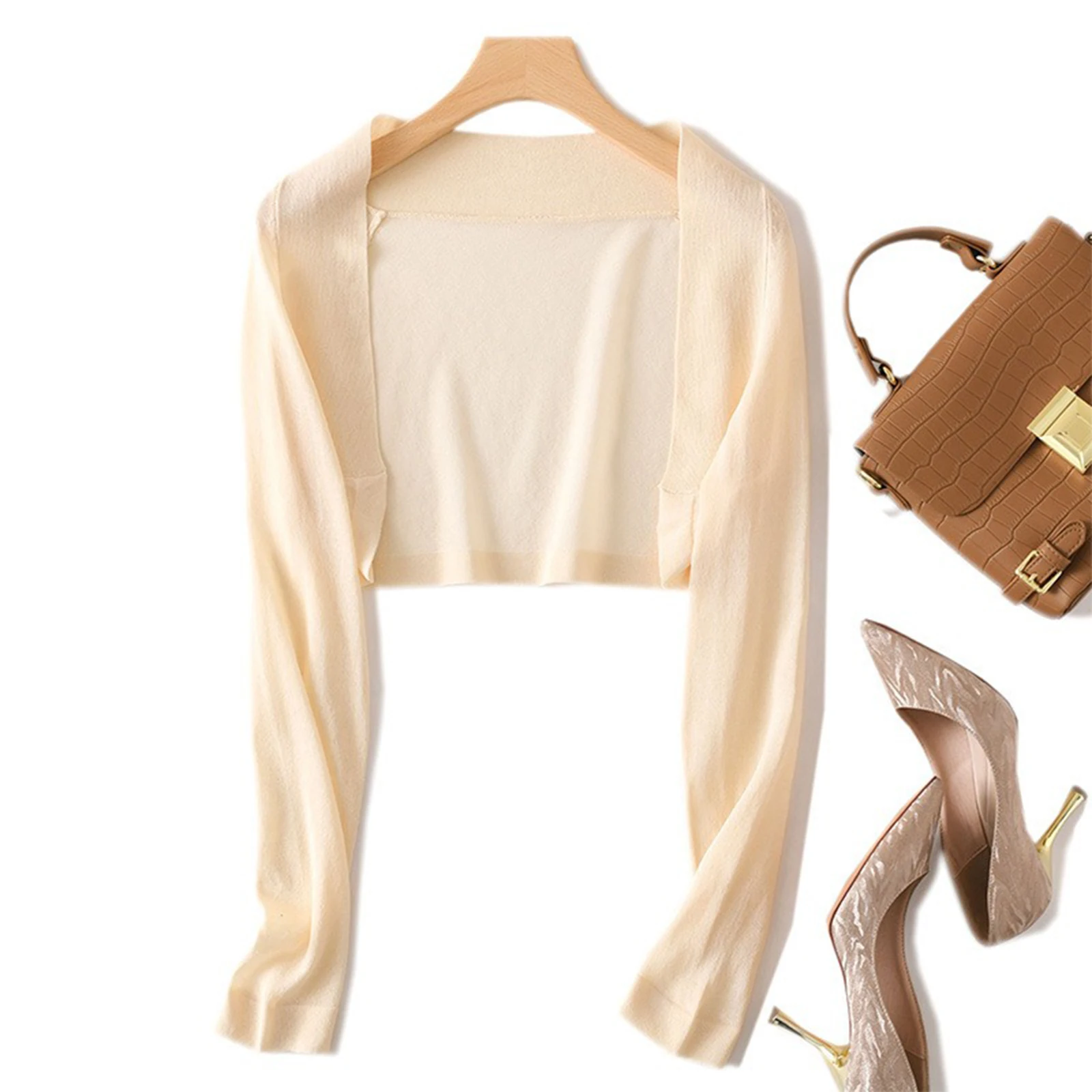 

Women Versatile Knitted Cardigan Solid Color Long Sleeve Open Front Crop Shrugs Sweaters Bolero Shirts for Office Daily Outings