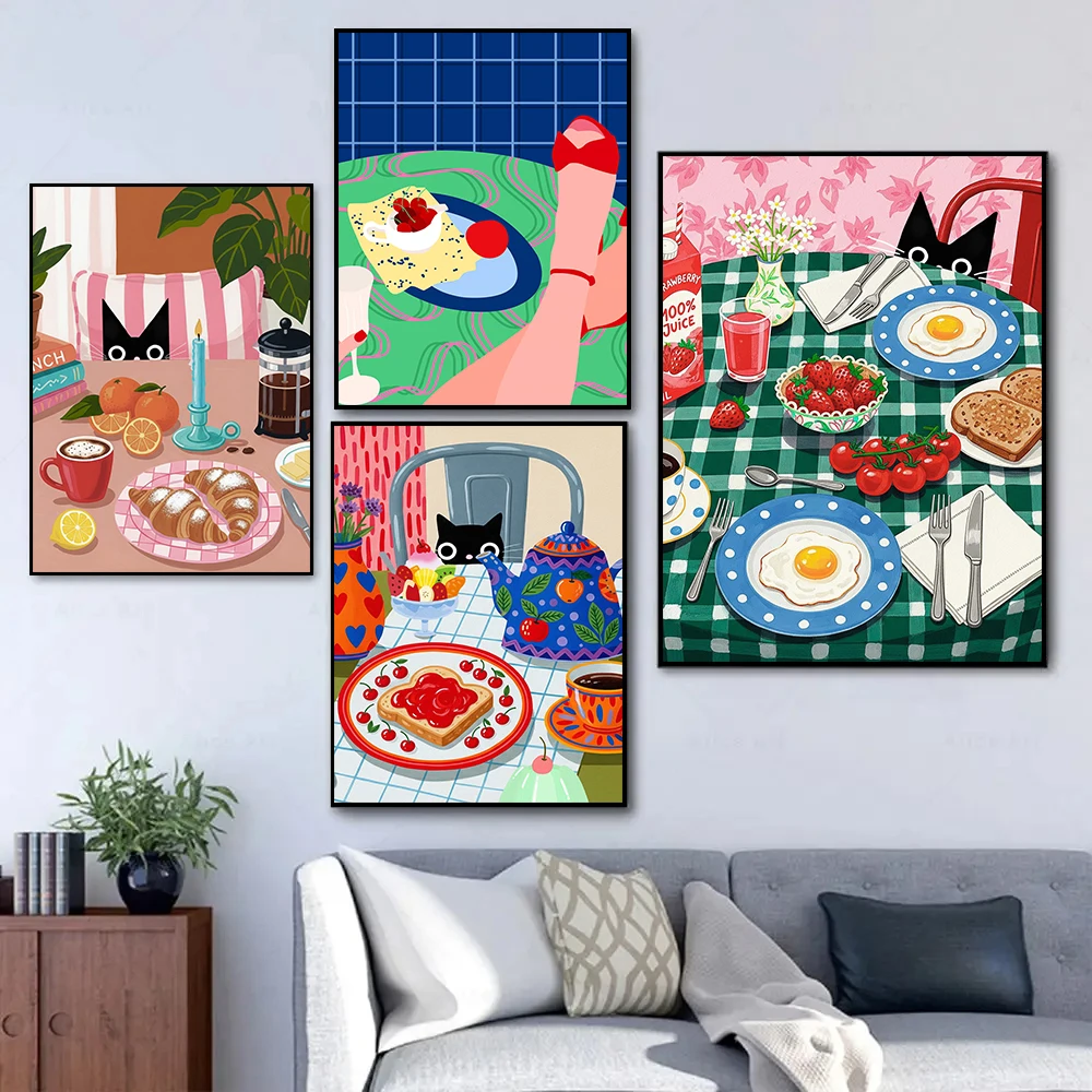 Fashion Colorful Cartoon Black Cat Afternoon Tea Dessert Coffee Illustration Poster Canvas Painting Wall Art Pictures Home Decor