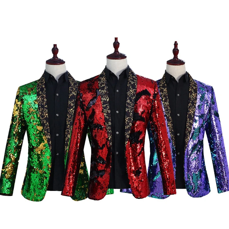 

Spring/Fall Buttonless Two Color Flip Sequins Green Fruit Collar Blazer for Men,Nightclub Bar DJ Singer Host Tide Men's Jacket