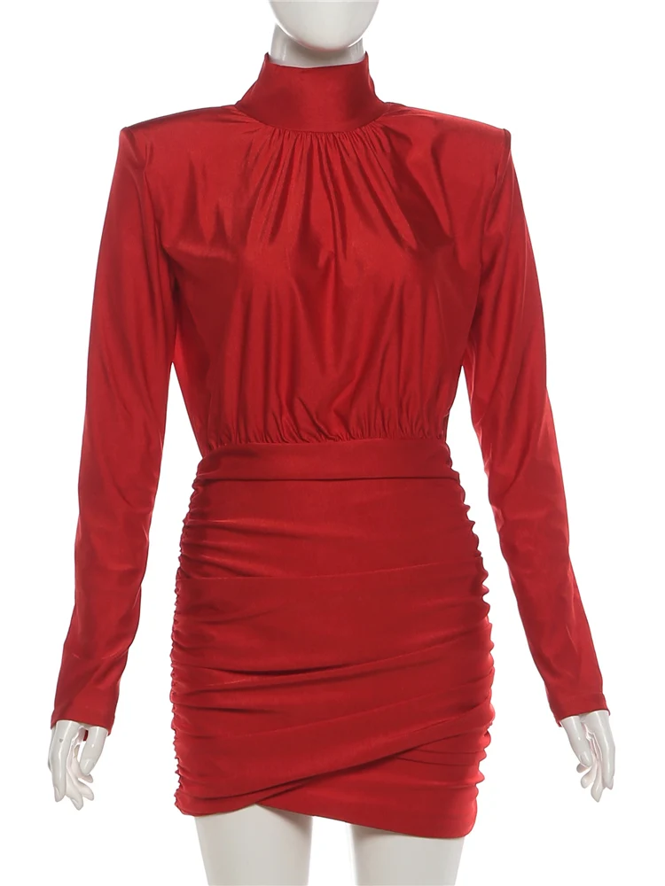 เดรสสั้นคอเต่าแฟชั่นเซ็กซี่ แขนยาวรัดรูป เอวสูง กระโปรงทรงเข้ารูป ผ้ารัช ดีไซน์หรูหรา เหมาะสำหรับงานปาร์ตี้ยามเย็น