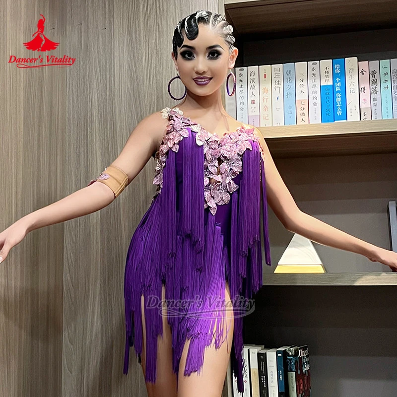 Adult Sexy High Split Latin Dance Sling Tassels Dresses Teenagers Chacha Samba Contest Clothing Customize Size Dancer's Vitality